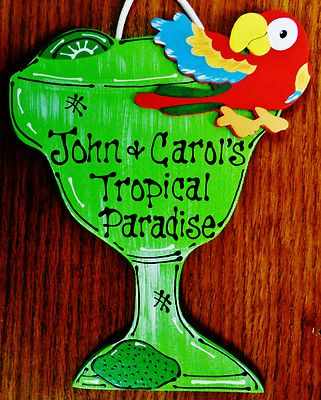 MARGARITA Personalize TROPICAL PARADISE Name SIGN Tiki Bar Deck PARROT Plaque