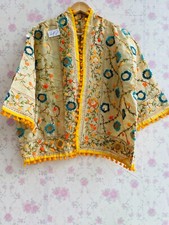 Women's Short Kimono Robe Hand Floral Embroidery Multicolor Boho Duster Coat