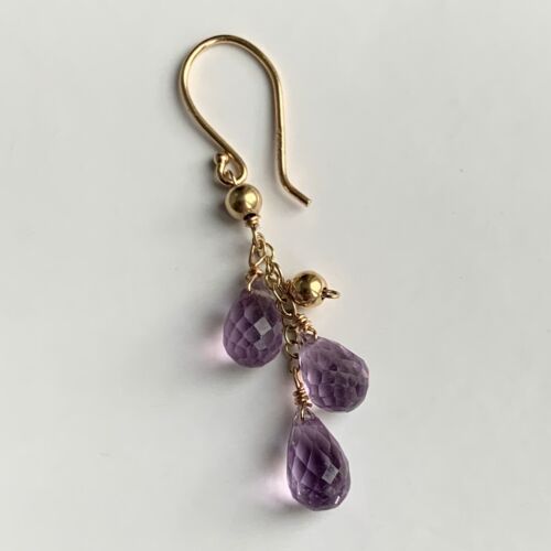 Single 14K Gold Earring Amethyst Briolette Drops Dangle 42mm Long Hook 14ct 585 - Picture 5 of 7