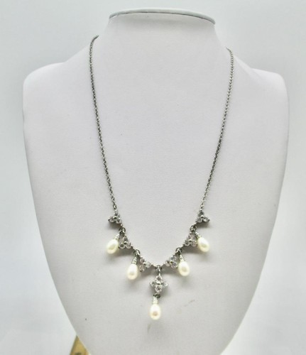 PEARL & RHINESTONE STERLING SILVER DANGLE NECKLACE 16-18 INCH - Picture 4 of 5