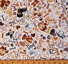 Cotton Tossed Dogs Words Pets Bones Paw Prints Fabric Print by Yard D758.59