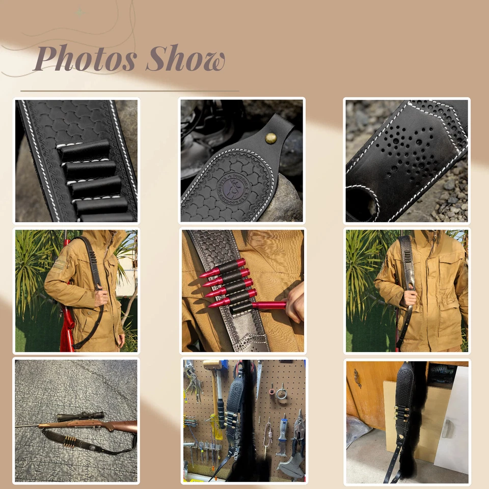 TOURBON Leather Rifle Sling Firearm Bullets Carry Strap Ammo Slot 2 Points Black - Image 3 of 4