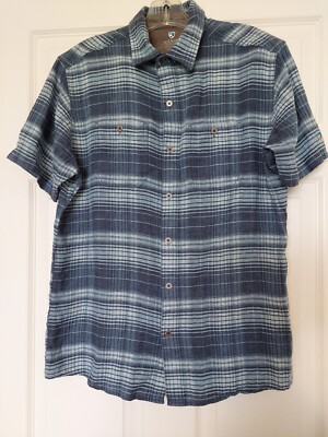 Men's Kuhl SZ Med Short Sleeve Button Up Linen Blend Shirt Blue Plaid Pockets