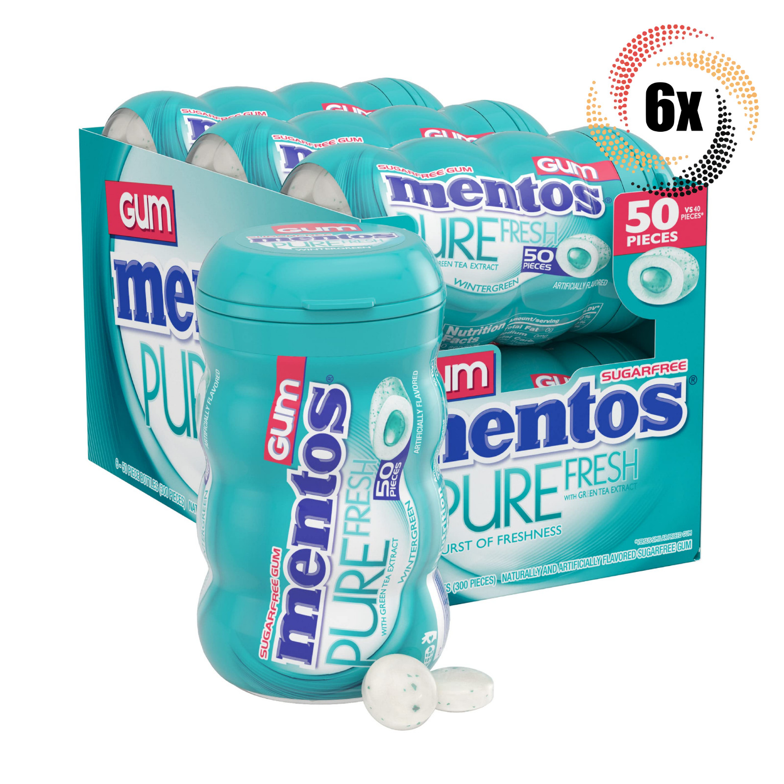 Полная коробка из 6 бутылок жевательной резинки Mentos Pure Fresh Wintergreen по 50 штук в каждой 353 унции 8290₽