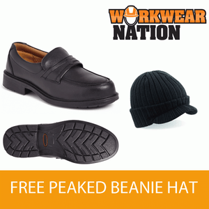 Sterling SS503CM Slip On Black Leather Safety Work Shoe - FREE PEAKED HAT Super mile widziana cena specjalna