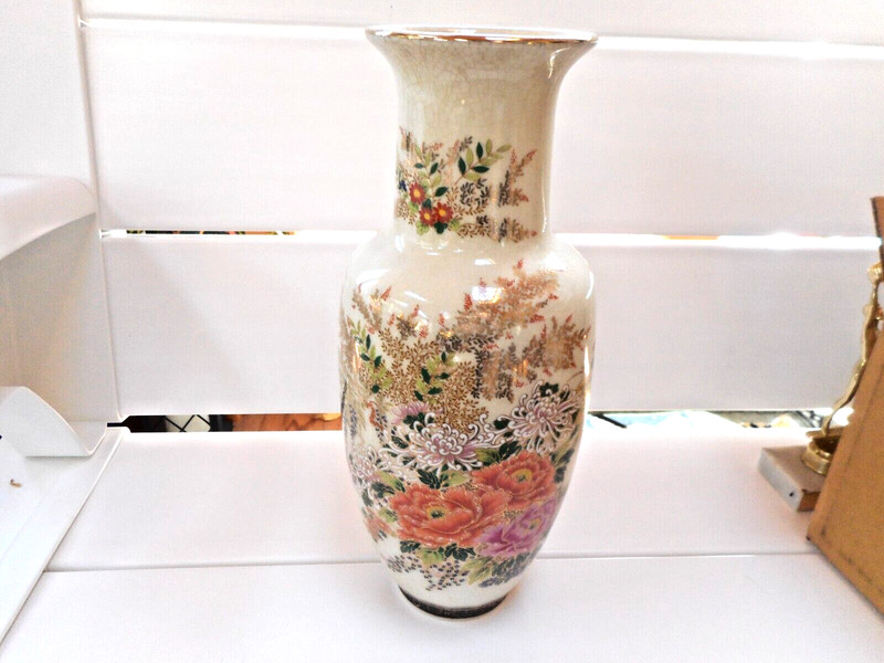 Vtg JAPANESE Ceramic VASE Cream w / Orange Pink White Yellow Flowers MARKED