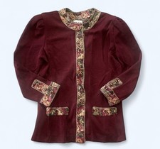 Vintage 1970s Burgundy and Gold Cardigan with Floral Accents Size M