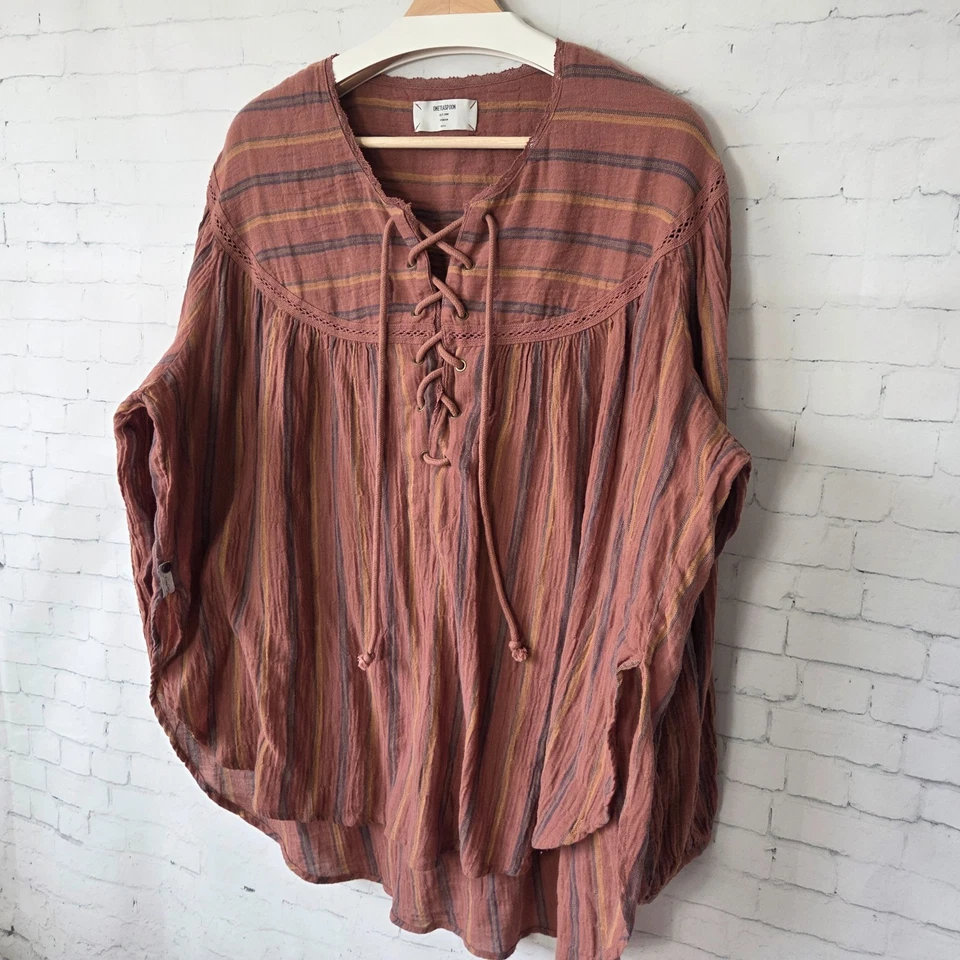 Top túnica a rayas del desierto de una cucharadita talla S marrón campesino boho manga globo Foto 3 de 4