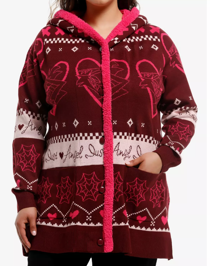 Hazbin Hotel Angel Dust Fair Isle Sherpa Cardigan Sweater Hearts