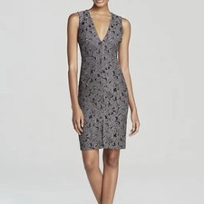 Alice + Olivia Baylee in Grey Black Brocade Lace V-neck Sheath Dress 4 $298