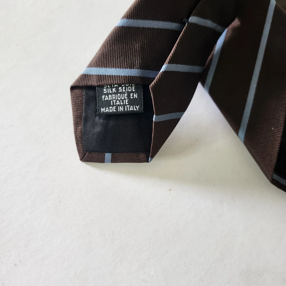 BOSS Neck Tie Mens Brown Blue Stripe Silk - Image 3 of 4