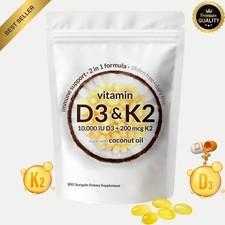 Vitamin D3 10000 iu Plus K2 MK-7 200 mcg, 300 Virgin Coconut Oil Softgels