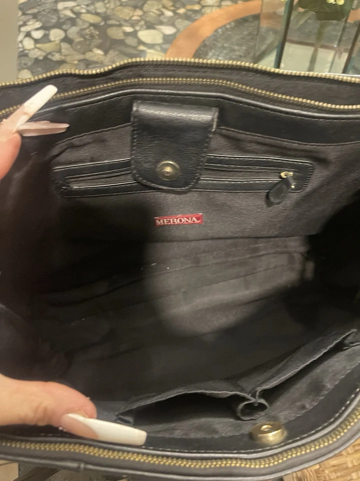 Bolso organizador de negocios Merona negro marrón para computadora portátil doble asa imitación cuero Foto 3 de 4