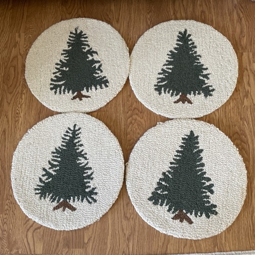 4 Chandler 4 Corners Hooked Chair Pads Wool Laura Megroz Winter Tree 14” Round - Picture 1 of 4