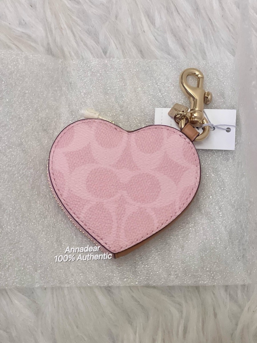 Coach Heart Bag Charm In Signature Canvas CEA22 Gold/Powder Pink