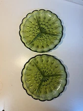 Vintage Anchor Hocking Fairfield Green 3 Way Divided Relish Dish Lot Of 2 Tray 