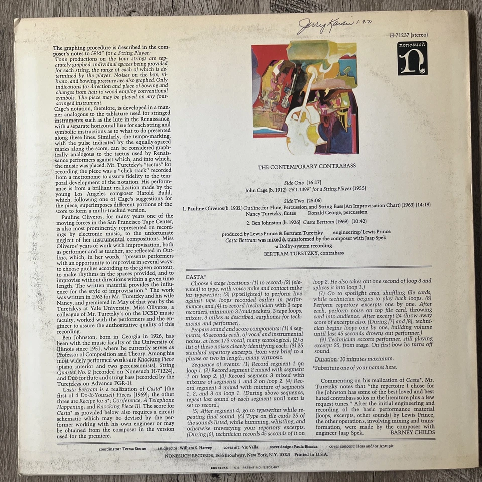 The Contemporary Contrabass John Cage, Pauline Oliveros, PROMO LP Nonesuch 1970 Foto 3 de 4