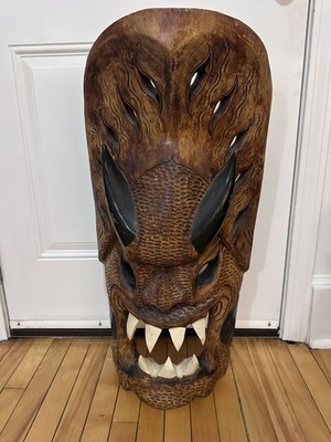 FILIPINO BAKUNAWA DRAGON MASK HAND CARVED PHILIPPINES TIKI TRIBAL RARE 31 INCHES
