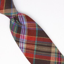 John G Hardy Mens Slub Silk Necktie Brown Red Green Plaid Weave Woven Tie Italy