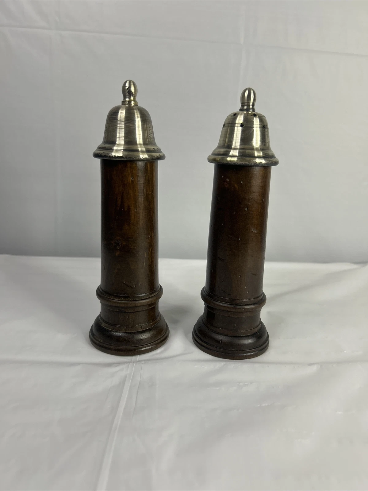 Vintage Wood And Pewter Salt Shaker Pepper Grinder Made In Italy 7"