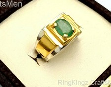 Natural Handmade Emerald Men Ring 925 Sterling Silver Real Gemstone Gold Plated