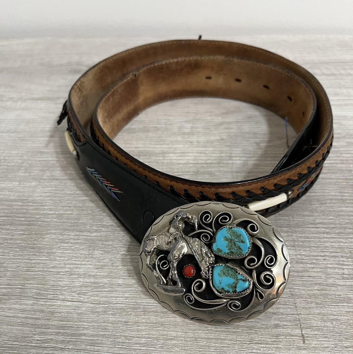 Western Belt with Jill Buckle and Jill Belt! Turquoise and red coral on belt. Vintage BLUE TURQUOISE RED CORAL BELT BUCKLE western Theme w  main image 4