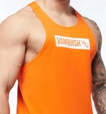 VANQUISH Fitness 'VQ Box Logo' Muscle Tank Top / Stringer Stretch ORG/Wht M NWT!