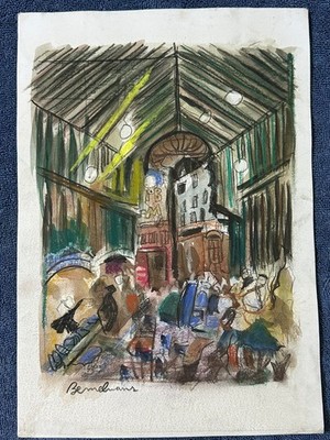 Ludwig Bemelmans drawing and painting on old paper signed stamped vintage