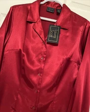 Laura Scott Rio Red Vintage Long Sleeves Satin Top Button Front Women’s Size 10