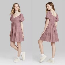 Wild Fable Dress Sz Medium Pink Polka Dot Puff Sleeve Tiered Babydoll Cottagecor