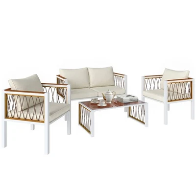 Outsunny 4 Seater Rattan Garden Furniture Set with Metal Frame, Cream White - Image 1 of 4