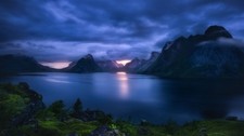 Anime nature landscape fjord lofoten norway sunset sea Play Gaming Mat Desk