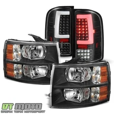 Black 2007-2013 Chevy Silverado 1500 Headlights+LED Tube Tail Lights Brake Lamps