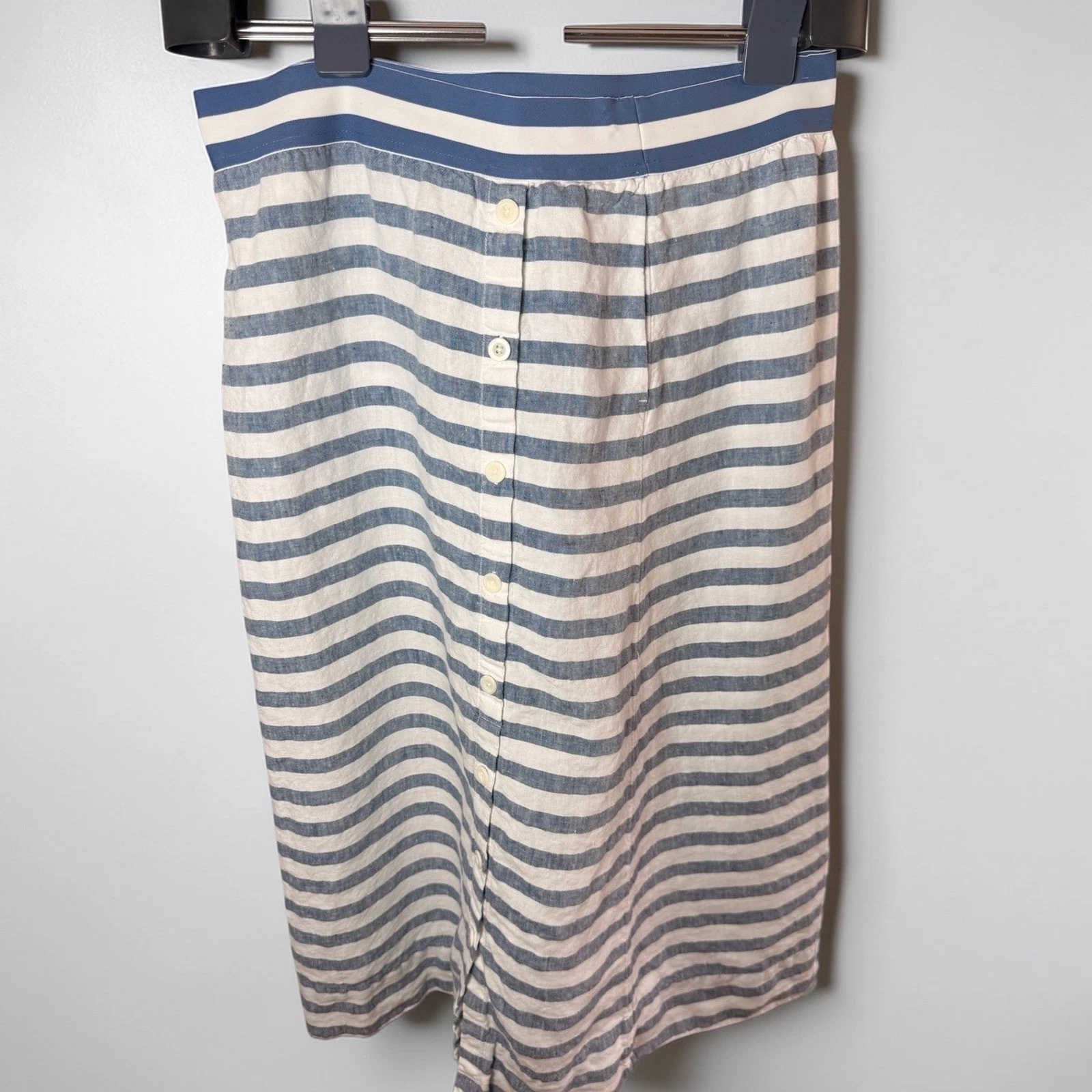 J. Jill Love Linen Blue White Striped Button Front Midi Skirt Womens Large L
