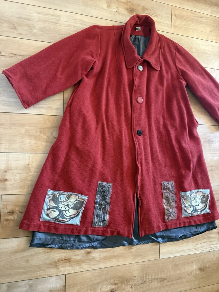 Abrigo de invierno pesado de lana azul pescado Jennifer Barclay rojo pintado a mano para mujer 1 Foto 2 de 4