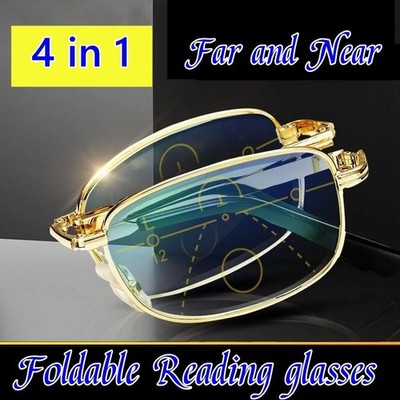 Luxury Bifocal Foldable Reading Glasses with Leather Case, Unisex Metal Frame, F