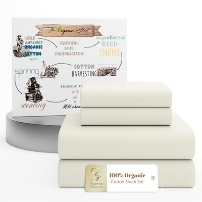 SUPREME ELEGANCE Organic 100% Cotton Twin XL Bed Sheet   Light Ivory Crisp Pe...