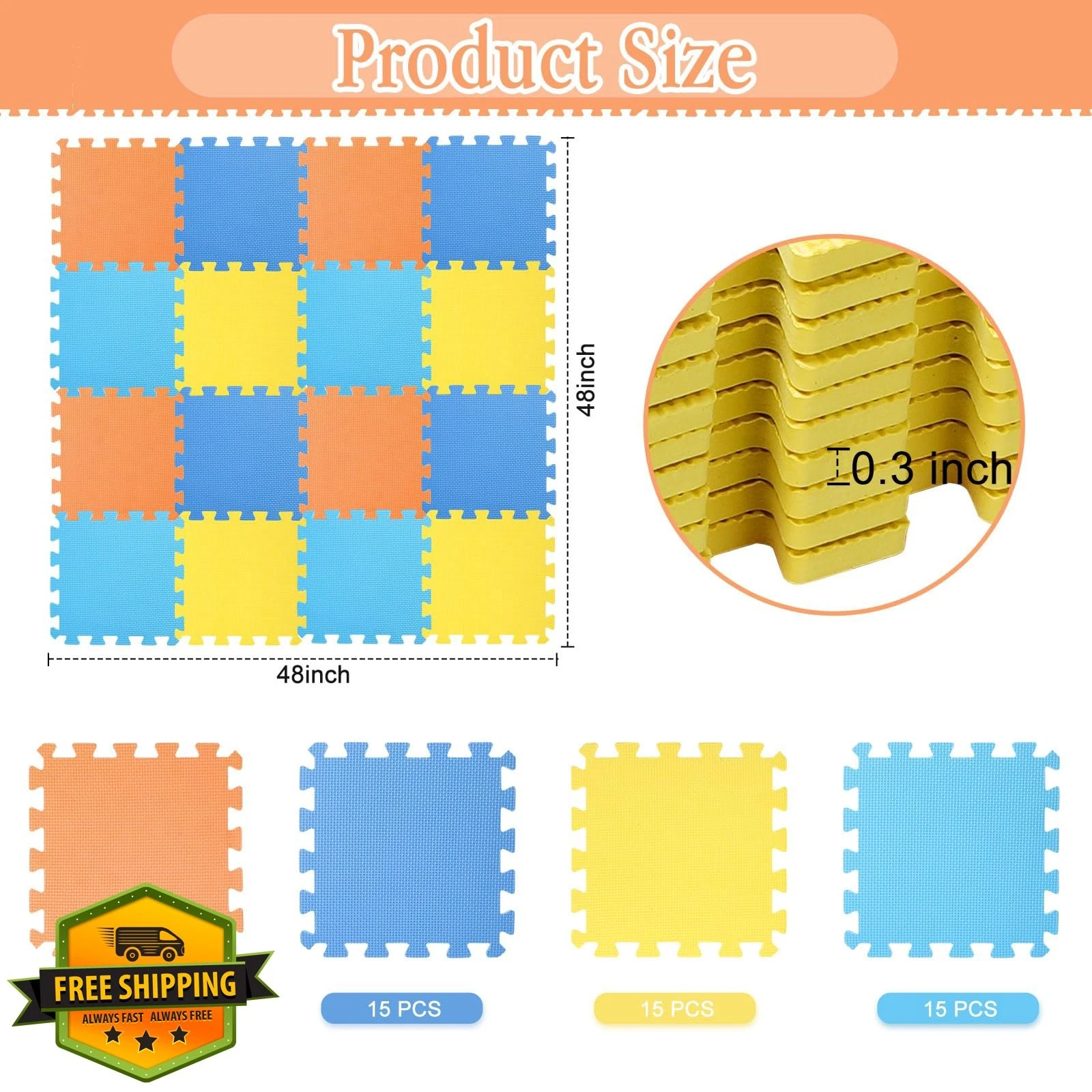 Nuanchu 60 Pcs 12" Foam Puzzle Play Mat, Multi Color Floor Rug with Borders