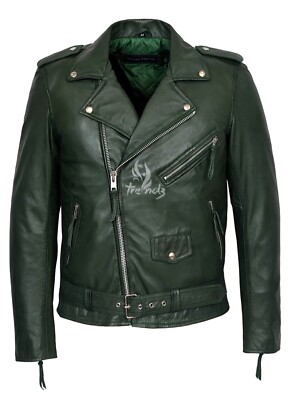 Herren BRANDO SLIM FIT Grün Biker Stil Motorrad Lammleder Lederjacke