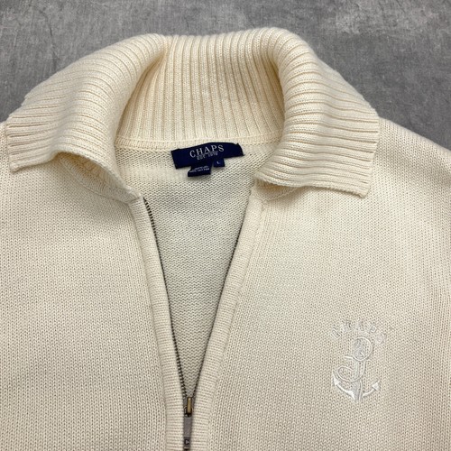 Chaps Cardigan Women Large Beige Collar Zip Cotton Classic Retro 90s VTG - Picture 2 of 11