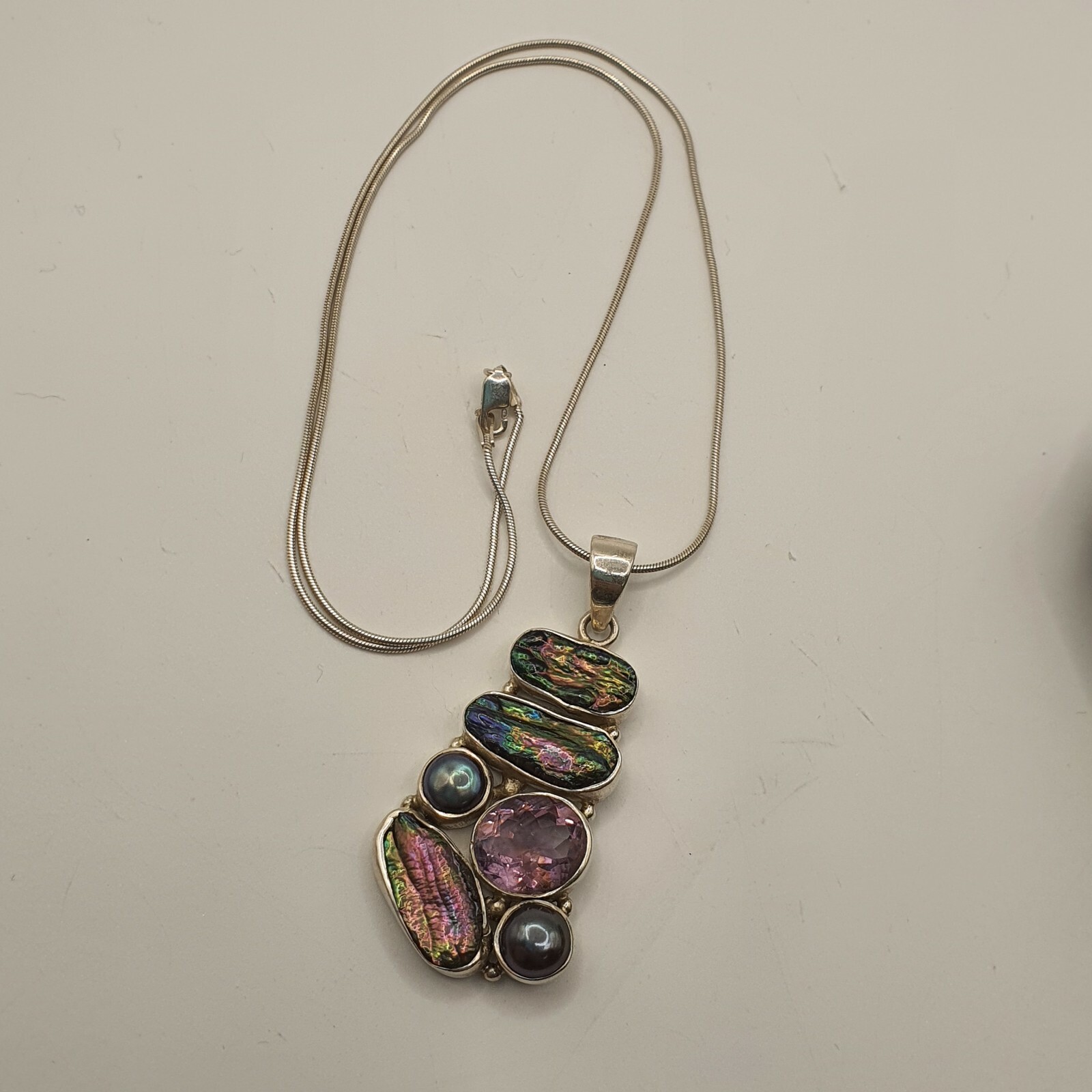 Photo 3 of Ladies Sterling Silver Necklace With Pearl And Amethyst on 17" Chain , N8