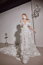 Elegant Wedding Dresses Off-Shoulder Deep V-Neck 3D Appliques Train Ball Gowns