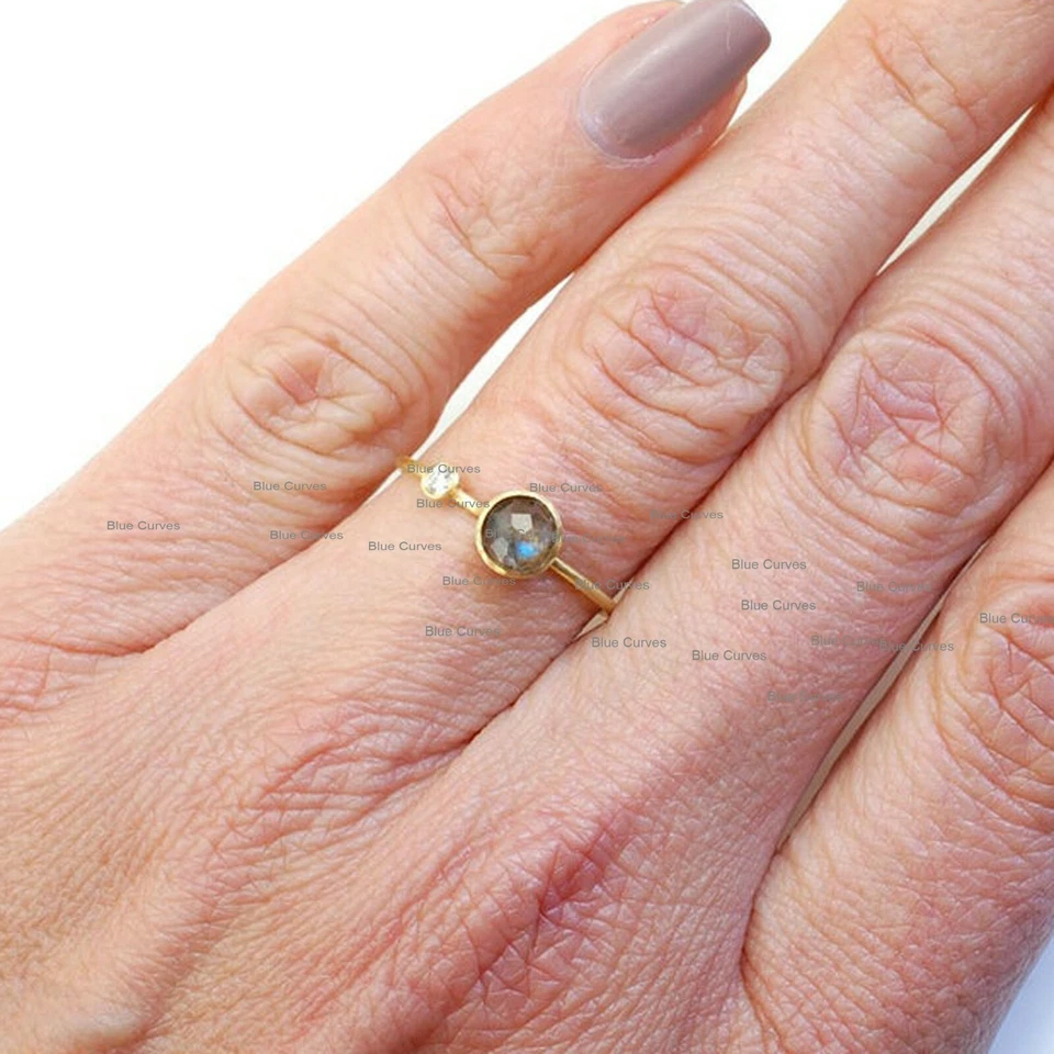Anillo de piedras preciosas de labradorita genuina diamante sólido oro amarillo de 14 k joyería hecha a mano Foto 2 de 2