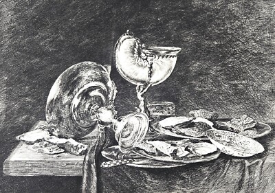 Alte Radierung, Frühstückstisch, Willem C. Heda, Peter Halm, um 1905, Rarität