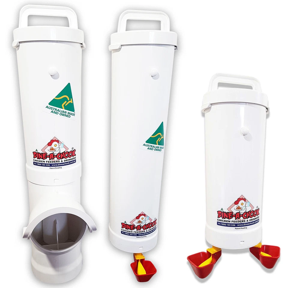 DINE-A-CHOOK Chicken Feeder & Drinker Set + 2 Litre Drinker / Chook Waterer / Poultry Coop