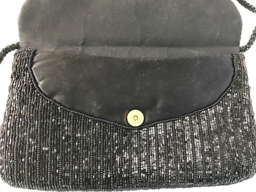 Beaded Black Evening Bag with Touches of Gold and Silver Manetic Closure - Picture 5 of 12
