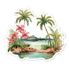 Tropical Palms Hibiscus, Vinyl Decal Sticker, Indoor Outdoor, 3 Sizes, #9489