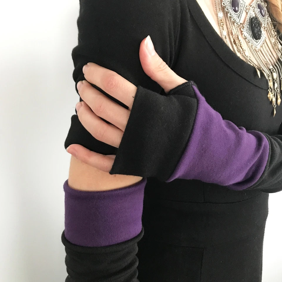 Guantes Largas a Rayas Púrpura Calentadores de Manos Calentadores de Brazos Negros Mangas de Retazos Psy Foto 3 de 4