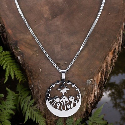 Psychedelic Mushroom Necklace Stainless Steel Moon Phase Cottage Core Pendant