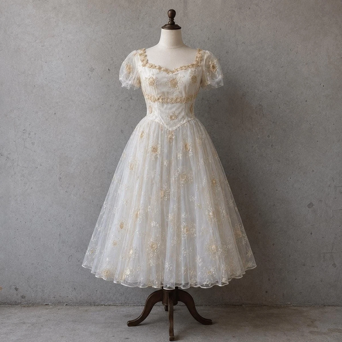 white 50s dress Square Collar Long Sleeve Ruffles Vintage 1950S Dress, White / M waist 31.5 Vintage A-line 1950s Lace Wedding